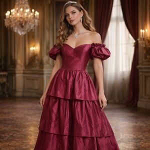 Burgundy‎ Taffeta Gown Tiered Skirt Puff Sleeves Theatrical Dress Costume LARP M